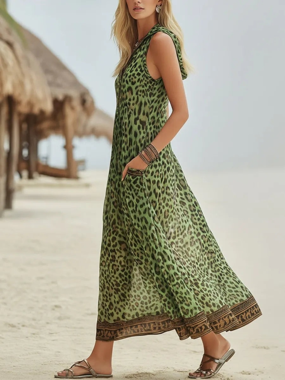 Morgan & Brook Retro Casual Green Leopard Print Chiffon Hooded Midi Dress Size S - Picture 3 of 12